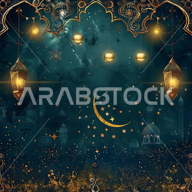 قدوم شهر رمضان المبارك, مفهوم الاحتفال بالمناسبات والأعياد الدينية الاسلامية، اكسسوارت وزينة متميزة، فرحة المسلمين بقدوم شهرالخير، التصميم العصري للفوانيس والتحف التقليدية, إضاءة المصابيح المعدنية المزخرفة مع الهلال