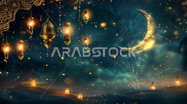 أنوار ذهبية وديكورات في الأجواء الرمضانية الروحانية, الاحتفال بقدوم شهر الخير، الفن الاسلامي للتحف والاكسسوارات، مناسبات دينية اسلامية، هلال وزينة شهر رمضان المبارك، مجموعه من الفوانيس المعلقة العربية المعدنية المزخرفة المضيئة