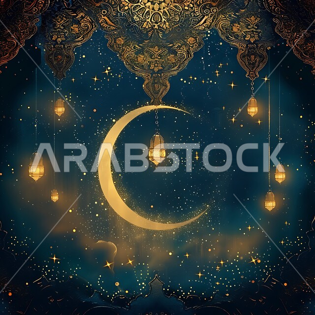 Islamic religious occasions and holidays in Saudi Arabia, Traditional Arabic metal lanterns and decorations decorated with the crescent moon, Spiritual Ramadan atmosphere, Traditional lamps and artifacts to celebrate the arrival of the month of goodness