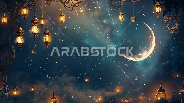 مجموعه من الفوانيس المعلقة العربية المعدنية المزخرفة المضيئة، ديكورات وأنوار ذهبية في الأجواء الرمضانية الروحانية, الاحتفال بقدوم شهر الخير، الفن الاسلامي للتحف والاكسسوارات، مناسبات دينية اسلامية، هلال وزينة شهر رمضان المبارك