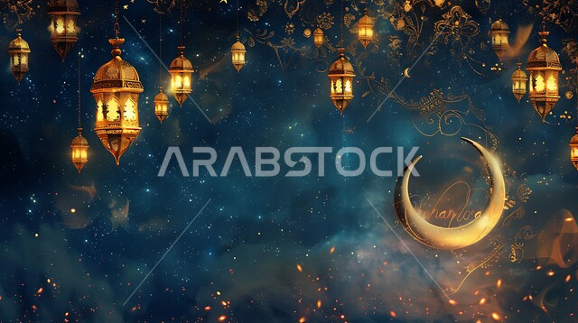 الفن الاسلامي للتحف والاكسسوارات، مناسبات دينية اسلامية، هلال وزينة شهر رمضان المبارك، مجموعه من الفوانيس المعلقة العربية المعدنية المزخرفة المضيئة، أنوار ذهبية وديكورات في الأجواء الرمضانية الروحانية، الاحتفال بقدوم شهر الخير