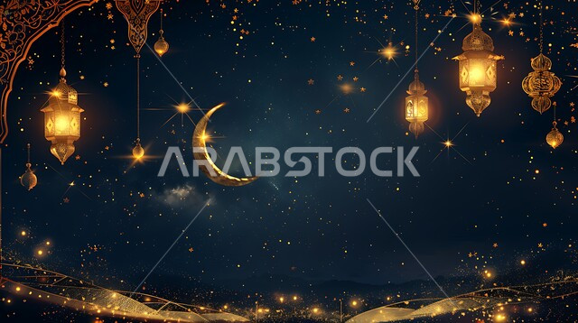 المناسبات والأعياد الدينية الإسلامية في المملكة العربية السعودية, زينة وفوانيس عربية معدنية تقليدية مزخرفة مضاءة مع الهلال، الأجواء الرمضانية الروحانية، مصابيح و تحف تقليدية للاحتفال بقدوم شهر الخير