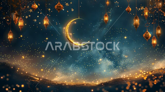 مجموعه من الفوانيس المعلقة العربية المعدنية المزخرفة المضيئة، ديكورات وأنوار ذهبية في الأجواء الرمضانية الروحانية, الاحتفال بقدوم شهر الخير، الفن الاسلامي للتحف والاكسسوارات، مناسبات دينية اسلامية، هلال وزينة شهر رمضان المبارك