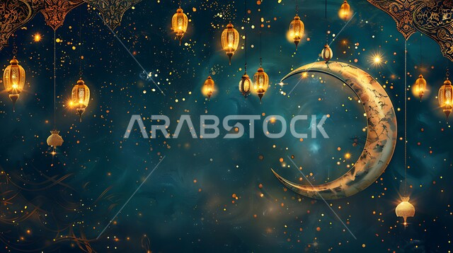 الفن الاسلامي للتحف والاكسسوارات، مناسبات دينية اسلامية، هلال وزينة شهر رمضان المبارك، مجموعه من الفوانيس المعلقة العربية المعدنية المزخرفة المضيئة، أنوار ذهبية وديكورات في الأجواء الرمضانية الروحانية، الاحتفال بقدوم شهر الخير