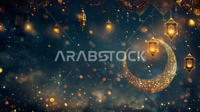 الاحتفال بقدوم شهر الخير، الفن الاسلامي للتحف والاكسسوارات، مناسبات دينية اسلامية، هلال وزينة شهر رمضان المبارك، مجموعه من الفوانيس المعلقة العربية المعدنية المزخرفة المضيئة، أنوار ذهبية وديكورات في الأجواء الرمضانية الروحانية