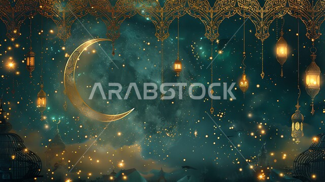 أنوار ذهبية وديكورات في الأجواء الرمضانية الروحانية, الاحتفال بقدوم شهر الخير، الفن الاسلامي للتحف والاكسسوارات، مناسبات دينية اسلامية، هلال وزينة شهر رمضان المبارك، مجموعه من الفوانيس المعلقة العربية المعدنية المزخرفة المضيئة