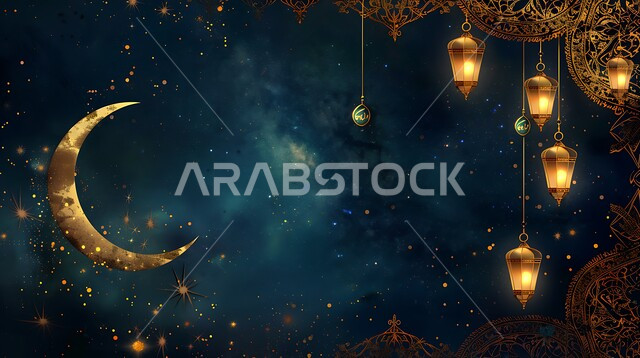 المناسبات والأعياد الدينية الإسلامية في المملكة العربية السعودية, زينة وفوانيس عربية معدنية تقليدية مزخرفة مضاءة مع الهلال، الأجواء الرمضانية الروحانية، مصابيح و تحف تقليدية للاحتفال بقدوم شهر الخير