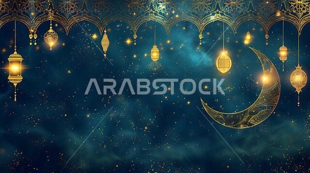 مناسبات دينية اسلامية، هلال وزينة شهر رمضان المبارك، مجموعه من الفوانيس المعلقة العربية المعدنية المزخرفة المضيئة، أنوار ذهبية وديكورات في الأجواء الرمضانية الروحانية، الاحتفال بقدوم شهر الخير، الفن الاسلامي للتحف والاكسسوارات