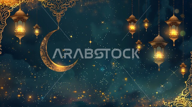 مجموعه من الفوانيس المعلقة العربية المعدنية المزخرفة المضيئة، ديكورات وأنوار ذهبية في الأجواء الرمضانية الروحانية, الاحتفال بقدوم شهر الخير، الفن الاسلامي للتحف والاكسسوارات، مناسبات دينية اسلامية، هلال وزينة شهر رمضان المبارك