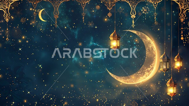 Islamic Art of Artifacts and Accessories, Islamic Religious Occasions, Crescent Moon and Decorations for the Holy Month of Ramadan, A Collection of Decorative Illuminated Arabic Metal Hanging Lanterns, Golden Lights and Decorations in the Spiritual Ramadan Atmosphere, Celebrating the Coming of the Month of Goodness
