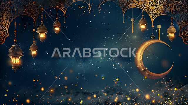 الاحتفال بقدوم شهر الخير، الفن الاسلامي للتحف والاكسسوارات، مناسبات دينية اسلامية، هلال وزينة شهر رمضان المبارك، مجموعه من الفوانيس المعلقة العربية المعدنية المزخرفة المضيئة، أنوار ذهبية وديكورات في الأجواء الرمضانية الروحانية