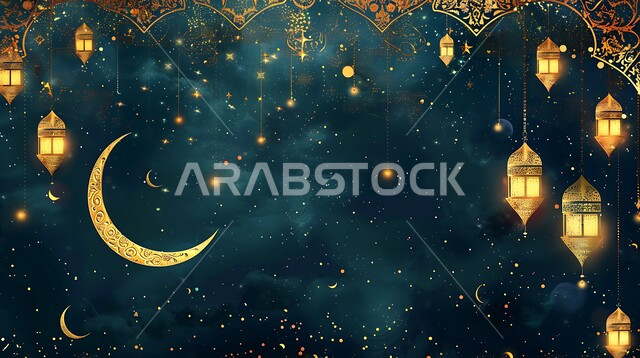 زينة وفوانيس عربية معدنية تقليدية مزخرفة مضاءة مع الهلال، الأجواء الرمضانية الروحانية، مصابيح و تحف تقليدية للاحتفال بقدوم شهر الخير، المناسبات والأعياد الدينية الإسلامية في المملكة العربية السعودية
