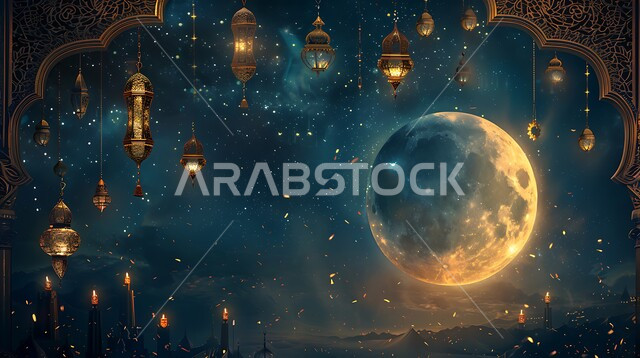 قدوم شهر رمضان المبارك, مفهوم الاحتفال بالمناسبات والأعياد الدينية الاسلامية، اكسسوارت وزينة متميزة، فرحة المسلمين بقدوم شهرالخير، التصميم العصري للفوانيس والتحف التقليدية, إضاءة المصابيح المعدنية المزخرفة مع الهلال