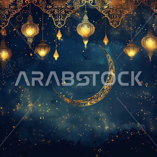 المناسبات والأعياد الدينية الإسلامية في المملكة العربية السعودية, زينة وفوانيس عربية معدنية تقليدية مزخرفة مضاءة مع الهلال، الأجواء الرمضانية الروحانية، مصابيح و تحف تقليدية للاحتفال بقدوم شهر الخير