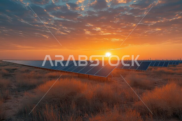 محطات الطاقات الشمسية المتجددة, مفهوم انتاج الطاقة البديلة الصديقة للبيئة في المملكة العربية السعودية, تطوير البنية التحتية الحضرية والريفية, مجموعه من الالواح الكهروضوئية في الصحراء