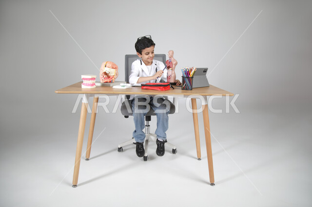 الإشارة إلى أعضاء الجسم باستخدام المجسمات التشريحية، اختيار مهنة المستقبل منذ الصغر، استمتاع الأطفال بتجربة العمل بالمجال الصحي، بورتريه لولد عربي خليجي سعودي يرتدي المعطف الطبي ويضع سماعة الفحص حول عنقه ويجلس خلف طاولة المكتب، الجسم بالطول الكامل، خلفية رمادية