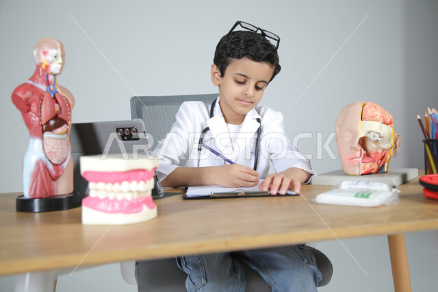 اختيار مهنة المستقبل منذ الصغر، استمتاع الأطفال بتجربة العمل في المجال الصحي، بورتريه مقرب لولد عربي خليجي سعودي يرتدي المعطف الطبي ويضع سماعة الفحص حول عنقه يجلس خلف المكتب ويسجل الملاحظات بإيماءات التركيز، المجسمات التشريحية لأعضاء جسم الإنسان، خلفية رمادية