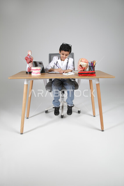 تسجيل وكتابة الملاحظات الهامة، اختيار مهنة المستقبل منذ الصغر، استمتاع الأطفال بتجربة العمل بالمجال الصحي، بورتريه لولد عربي خليجي سعودي يرتدي المعطف الطبي ويضع سماعة الفحص حول عنقه ويجلس خلف المكتب وأمامه مجسمات تشريحية، الجسم بالطول الكامل، خلفية رمادية