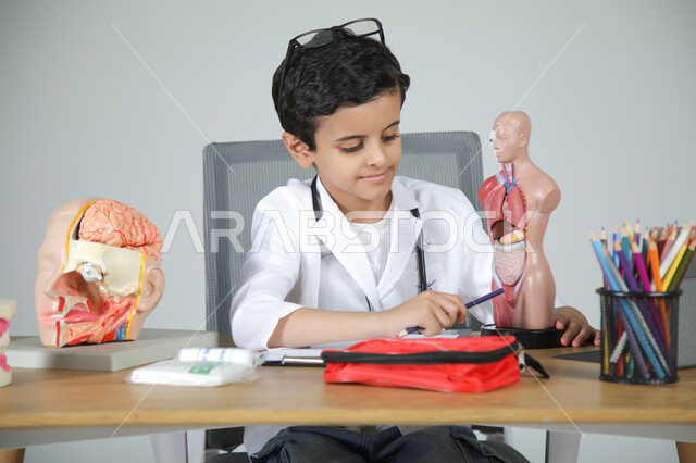 استخدام المجسمات التشريحية، اختيار مهنة المستقبل منذ الصغر، استمتاع الأطفال بتجربة العمل في المجال الصحي، بورتريه مقرب لولد عربي خليجي سعودي يرتدي المعطف الطبي ويضع سماعة الفحص حول عنقه يجلس خلف المكتب يمسك القلم ويشير إلى عضو معين في جسم الإنسان، خلفية رمادية