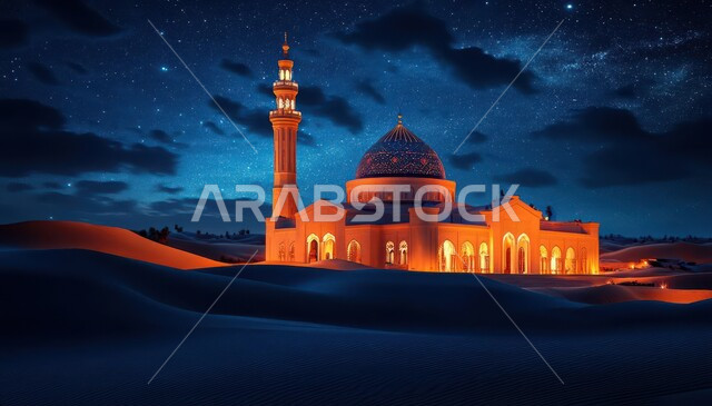 Modern designs and decorations of domes and minarets, architectural engineering art of building mosques, desert areas and desert natural environment, a mosque in the middle of the sands in the desert of the Kingdom of Saudi Arabia, worship and getting closer to God, a view of the sky full of clouds at night