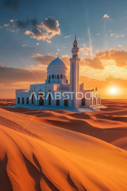 مسجد وسط الرمال الذهبية في صحراء المملكة العربية السعودية، التصاميم والديكورات العصرية للقبب والمآذن، الفن الهندسي المعماري لبناء المساجد، مناطق البادية والبيئة الطبيعية الصحراوية، العبادة والتقرب إلى الله،  منظر السماء المليئة بالسحب وقت الغروب