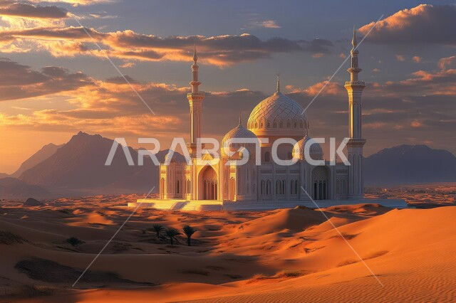 التصاميم والديكورات العصرية للقبب والمآذن، الفن الهندسي المعماري لبناء المساجد، مناطق البادية والبيئة الطبيعية الصحراوية، العبادة والتقرب إلى الله، مسجد وسط الرمال الذهبية في صحراء المملكة العربية السعودية، منظر السماء المليئة بالسحب وقت الغروب