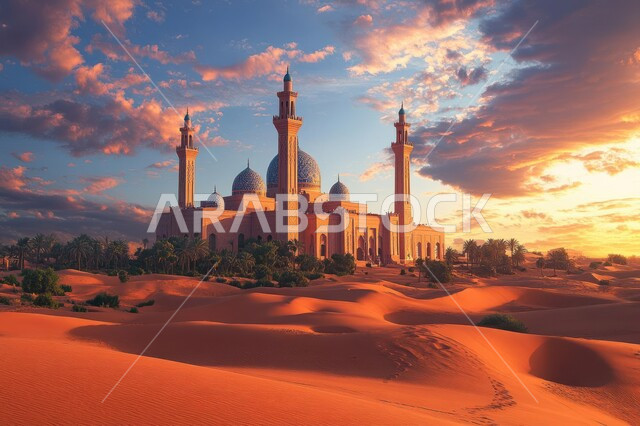 Desert areas and desert natural environment, modern designs and decorations for domes and minarets, worship and closeness to God, a mosque in the middle of the golden sands and wild plants in the desert of the Kingdom of Saudi Arabia, the architectural art of building mosques