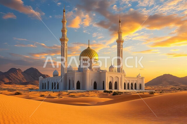 التصاميم والديكورات العصرية للقبب والمآذن، الفن الهندسي المعماري لبناء المساجد، مناطق البادية والبيئة الطبيعية الصحراوية، العبادة والتقرب إلى الله، مسجد وسط الرمال الذهبية في صحراء المملكة العربية السعودية، منظر السماء المليئة بالسحب وقت الغروب