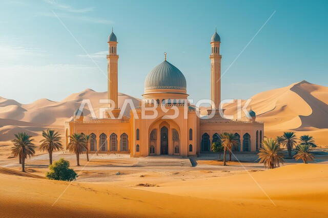 التصاميم والديكورات العصرية للقبب والمآذن، العبادة والتقرب إلى الله، مناطق البادية والبيئة الطبيعية الصحراوية، مسجد وسط الرمال الذهبية في صحراء المملكة العربية السعودية، الاهتمام بزراعة أشجار النخيل والنباتات البرية، الفن الهندسي المعماري لبناء المساجد