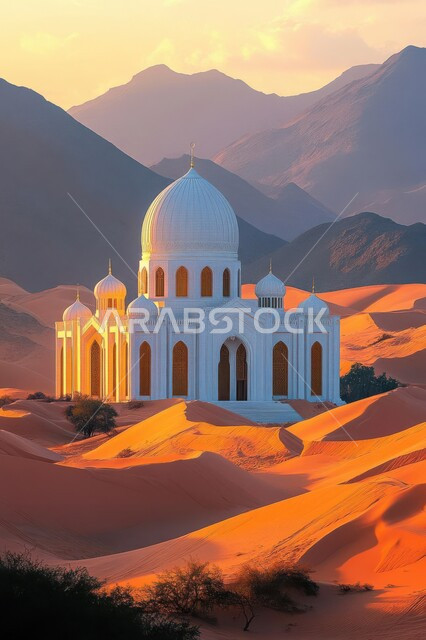 Desert areas and desert natural environment, modern designs and decorations for domes and minarets, worship and closeness to God, a mosque in the middle of the golden sands and wild plants in the desert of the Kingdom of Saudi Arabia, the architectural art of building mosques