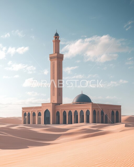 منظر السحب في السماء في النهار، مناطق البادية والبيئة الطبيعية الصحراوية، الفن الهندسي المعماري على الطراز العربي الإسلامي للقبب والمآذن، مسجد وسط الرمال الذهبية في صحراء المملكه العربية السعودية، الهضاب والتلال الرملية الناعمة، العبادة والتقرب إلى الله