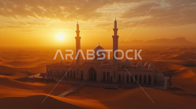 منظر السحب في السماء وقت غروب الشمس، العبادة والتقرب إلى الله، الفن الهندسي المعماري على الطراز العربي الإسلامي للقبب والمآذن، مسجد وسط الرمال الذهبية في صحراء المملكه العربية السعودية، الهضاب والتلال الرملية الناعمة، مناطق البادية والبيئة الطبيعية الصحراوية