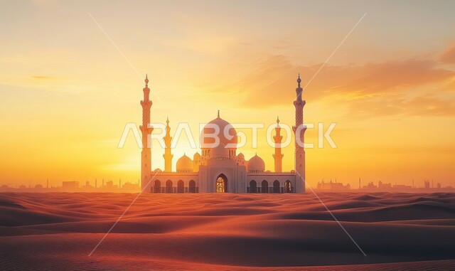 Worship and closeness to God, Arab Islamic architectural art of domes and minarets, a mosque in the middle of the golden sands of the Saudi Arabian desert, soft sand dunes and hills, a view of clouds in the sky at sunset, desert areas and the desert natural environment
