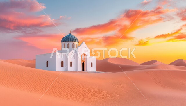 A simple white mosque in the middle of the golden sands of the Saudi Arabian desert, worship and closeness to God, soft sand dunes and hills, a view of clouds in the sky at sunset, desert areas and the desert natural environment