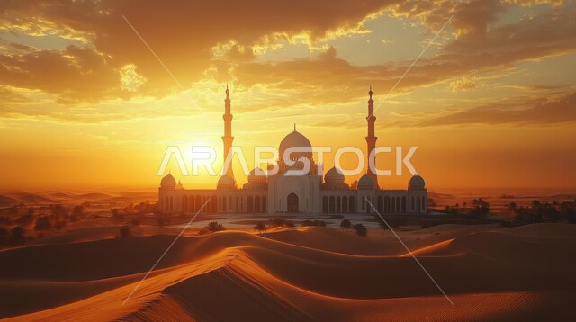 منظر السحب في السماء وقت غروب الشمس، العبادة والتقرب إلى الله، الفن الهندسي المعماري على الطراز العربي الإسلامي للقبب والمآذن، مسجد وسط الرمال الذهبية في صحراء المملكه العربية السعودية، الهضاب والتلال الرملية الناعمة، مناطق البادية والبيئة الطبيعية الصحراوية