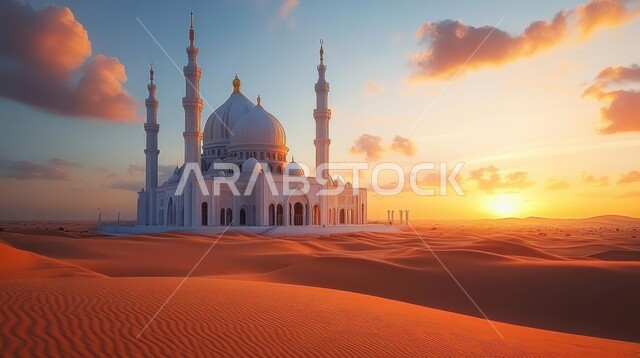 العبادة والتقرب إلى الله، الفن الهندسي المعماري على الطراز العربي الإسلامي للقبب والمآذن، مسجد وسط الرمال الذهبية في صحراء المملكه العربية السعودية، الهضاب والتلال الرملية الناعمة، منظر السحب في السماء وقت غروب الشمس، مناطق البادية والبيئة الطبيعية الصحراوية