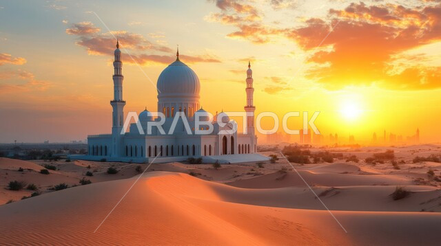 مناطق البادية والبيئة الطبيعية الصحراوية، منظر السحب في السماء وقت غروب الشمس، العبادة والتقرب إلى الله، الفن الهندسي المعماري على الطراز العربي الإسلامي للقبب والمآذن، مسجد وسط الرمال الذهبية في صحراء المملكه العربية السعودية، الهضاب والتلال الرملية الناعمة