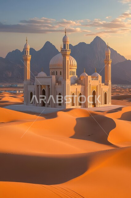 منظر السحب في السماء وقت غروب الشمس، العبادة والتقرب إلى الله، الفن الهندسي المعماري على الطراز العربي الإسلامي للقبب والمآذن، مسجد وسط الرمال الذهبية في صحراء المملكه العربية السعودية، الهضاب والتلال الرملية الناعمة، مناطق البادية والبيئة الطبيعية الصحراوية