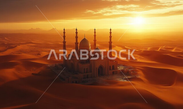 الفن الهندسي المعماري على الطراز العربي الإسلامي للقبب والمآذن، مسجد وسط الرمال الذهبية في صحراء المملكه العربية السعودية، الهضاب والتلال الرملية الناعمة، العبادة والتقرب إلى الله، منظر السحب في السماء وقت غروب الشمس، مناطق البادية والبيئة الطبيعية الصحراوية