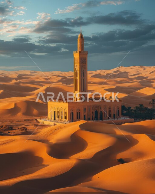 منظر السحب في السماء في النهار، مناطق البادية والبيئة الطبيعية الصحراوية، الفن الهندسي المعماري على الطراز العربي الإسلامي للقبب والمآذن، مسجد وسط الرمال الذهبية في صحراء المملكه العربية السعودية، الهضاب والتلال الرملية الناعمة، العبادة والتقرب إلى الله