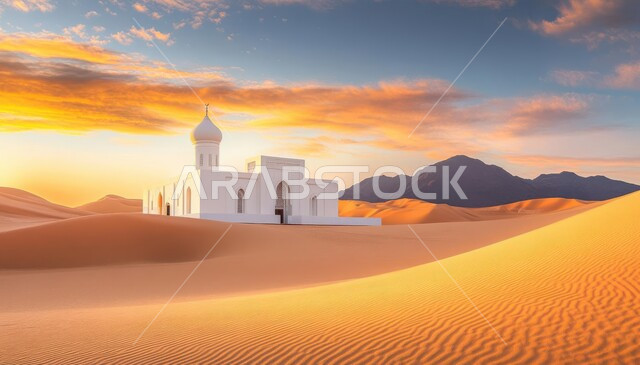 العبادة والتقرب إلى الله، مسجد أبيض بتصميم بسيط وسط الرمال الذهبية في صحراء المملكه العربية السعودية، الهضاب والتلال الرملية الناعمة، منظر السحب في السماء وقت غروب الشمس، مناطق البادية والبيئة الطبيعية الصحراوية