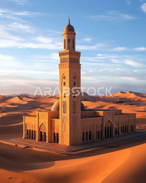 مناطق البادية والبيئة الطبيعية الصحراوية، الفن الهندسي المعماري على الطراز العربي الإسلامي للقبب والمآذن، مسجد وسط الرمال الذهبية في صحراء المملكه العربية السعودية، الهضاب والتلال الرملية الناعمة، العبادة والتقرب إلى الله، منظر السحب في السماء في النهار