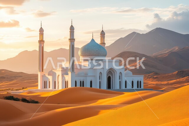 العبادة والتقرب إلى الله، الفن الهندسي المعماري على الطراز العربي الإسلامي للقبب والمآذن، مسجد أبيض وسط الرمال الذهبية في صحراء المملكه العربية السعودية، الهضاب والتلال الرملية الناعمة، منظر السحب في السماء في النهار، مناطق البادية والبيئة الطبيعية الصحراوية