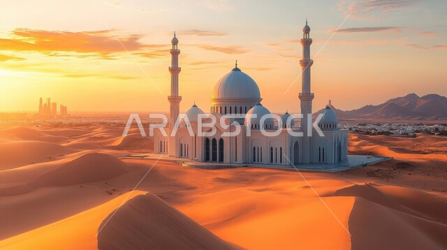 مسجد وسط الرمال الذهبية في صحراء المملكه العربية السعودية، الهضاب والتلال الرملية الناعمة، الفن الهندسي المعماري على الطراز العربي الإسلامي للقبب والمآذن، العبادة والتقرب إلى الله، منظر السحب في السماء وقت غروب الشمس، مناطق البادية والبيئة الطبيعية الصحراوية