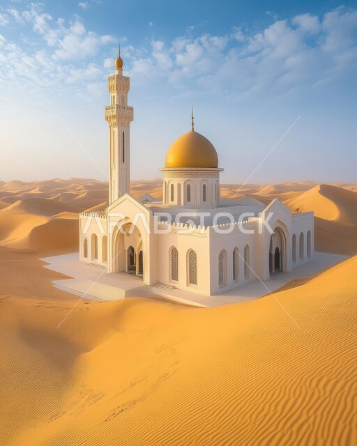 الفن الهندسي المعماري على الطراز العربي الإسلامي للقبب والمآذن، مسجد أبيض وسط الرمال الذهبية في صحراء المملكه العربية السعودية، الهضاب والتلال الرملية الناعمة، العبادة والتقرب إلى الله، منظر السحب في السماء في النهار، مناطق البادية والبيئة الطبيعية الصحراوية