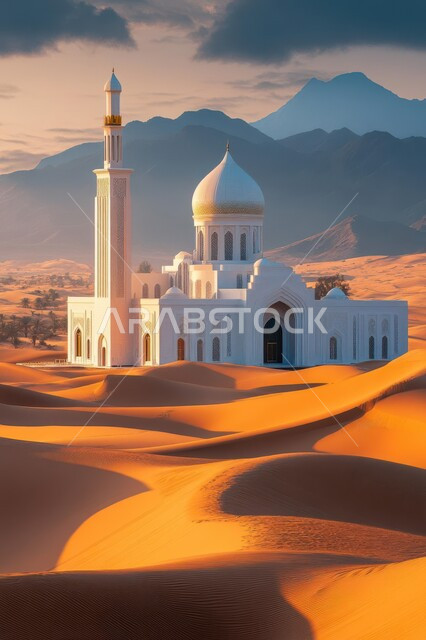 العبادة والتقرب إلى الله، الفن الهندسي المعماري على الطراز العربي الإسلامي للقبب والمآذن، مسجد أبيض وسط الرمال الذهبية والمرتفعات في صحراء المملكه العربية السعودية، الهضاب والتلال الرملية الناعمة، منظر السحب في السماء وقت غروب الشمس، مناطق البادية والبيئة الطبيعية الصحراوية