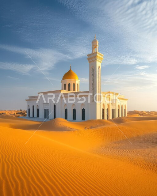 مسجد أبيض وسط الرمال الذهبية في صحراء المملكه العربية السعودية، الهضاب والتلال الرملية الناعمة، الفن الهندسي المعماري على الطراز العربي الإسلامي للقبب والمآذن، العبادة والتقرب إلى الله، منظر السحب في السماء في النهار، مناطق البادية والبيئة الطبيعية الصحراوية