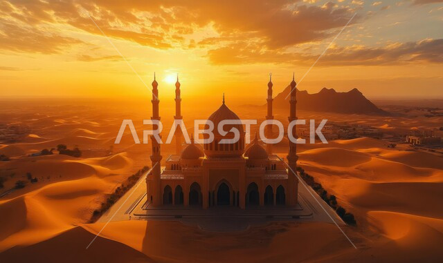 مسجد وسط الرمال الذهبية في صحراء المملكه العربية السعودية، الهضاب والتلال الرملية الناعمة، الفن الهندسي المعماري على الطراز العربي الإسلامي للقبب والمآذن، العبادة والتقرب إلى الله، منظر السحب في السماء وقت غروب الشمس، مناطق البادية والبيئة الطبيعية الصحراوية