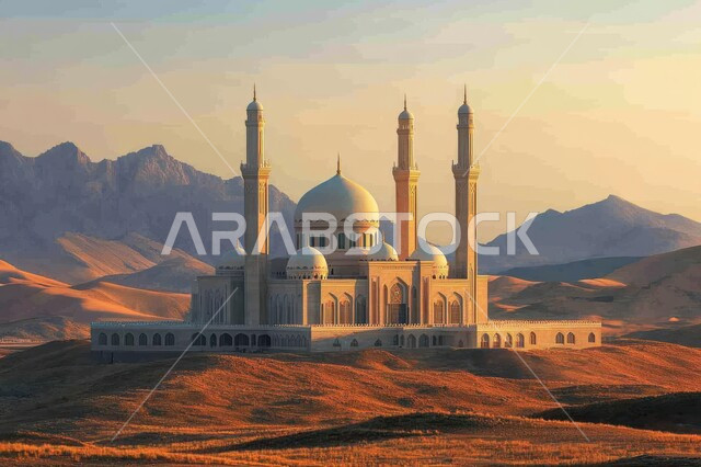 الفن الهندسي المعماري على الطراز العربي الإسلامي للقبب والمآذن، الهضاب والتلال الرملية الناعمة، مسجد وسط الرمال الذهبية في صحراء المملكه العربية السعودية، العبادة والتقرب إلى الله، منظر السماء وقت غروب الشمس، مناطق البادية والبيئة الطبيعية الصحراوية