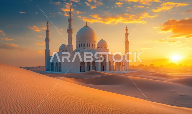 مناطق البادية والبيئة الطبيعية الصحراوية، منظر السحب في السماء وقت غروب الشمس، العبادة والتقرب إلى الله، الفن الهندسي المعماري على الطراز العربي الإسلامي للقبب والمآذن، مسجد وسط الرمال الذهبية في صحراء المملكه العربية السعودية، الهضاب والتلال الرملية الناعمة